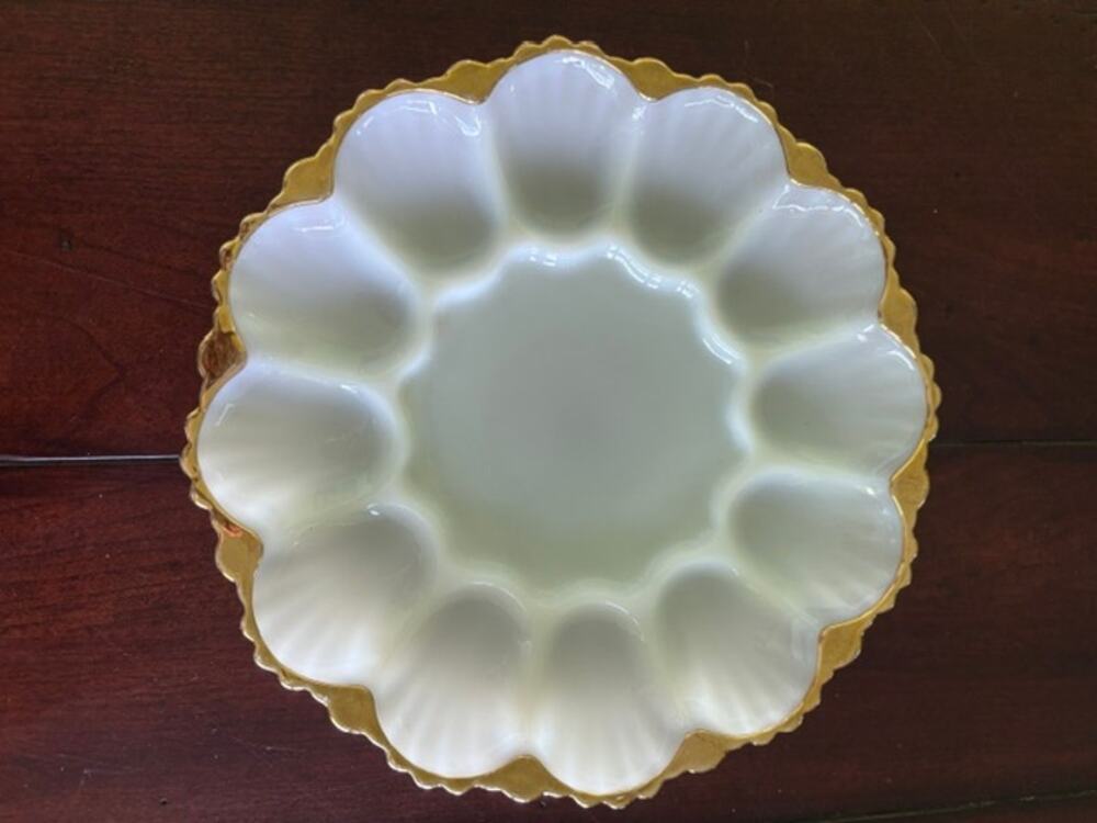 Vintage Anchor Hocking Milk Glass Deviled Egg Plate Gold Trim 10" 12 Egg